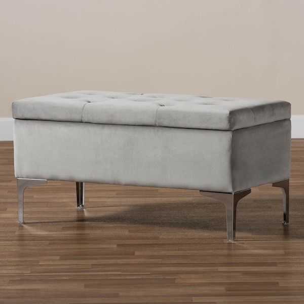 Mabel Grey Velvet Upholstered Silver Finished Storage Ottoman